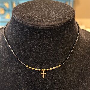 Vintage Gold Tone Black Beaded Rhinestone Crystal Cross Dainty Pendant Necklace